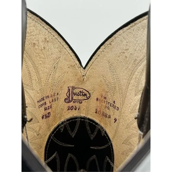 Justin Boots Style 2041 Black Cowboy Boots Western Leather Vintage Sz 9.5D