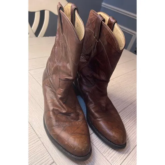Justin men’s vintage brown roper western cowboy marbled leather boots. Sz 9 EE