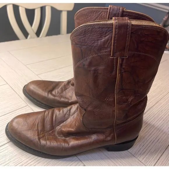 Justin men’s vintage brown roper western cowboy marbled leather boots. Sz 9 EE