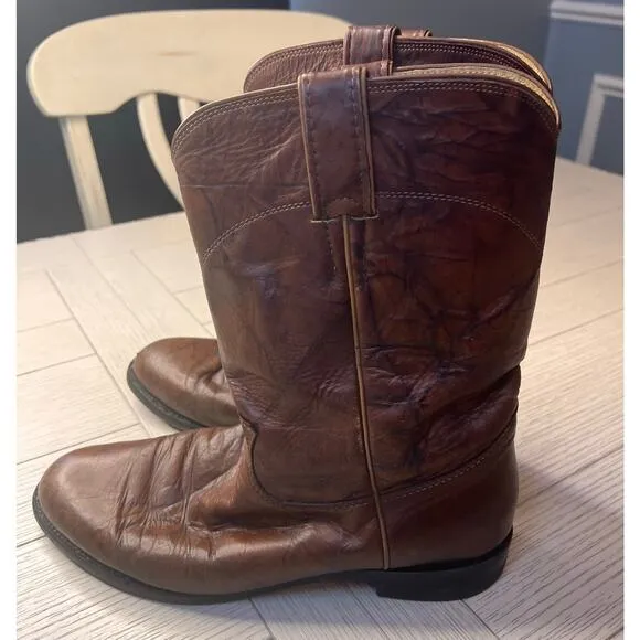 Justin men’s vintage brown roper western cowboy marbled leather boots. Sz 9 EE