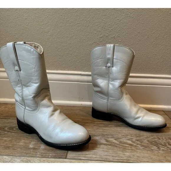 Justin Vintage 90s Youth 2.5D Leather Pearl Luster White Cowboy Roper Boot 3713Y
