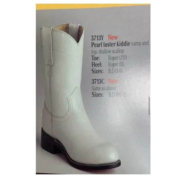 Justin Vintage 90s Youth 2.5D Leather Pearl Luster White Cowboy Roper Boot 3713Y
