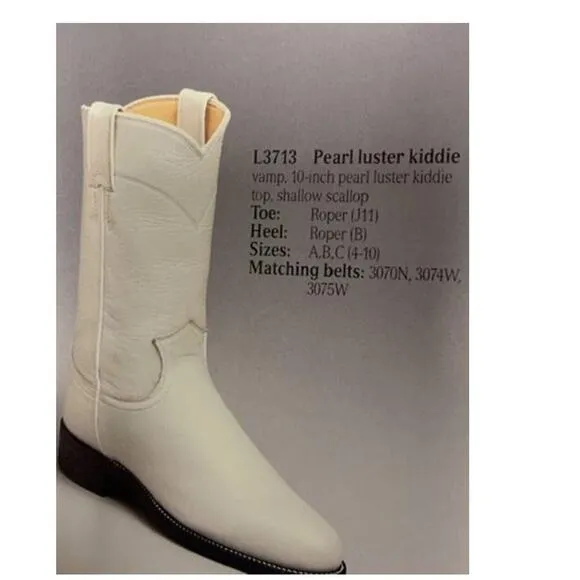 Justin Vintage 90s Youth 2.5D Leather Pearl Luster White Cowboy Roper Boot 3713Y