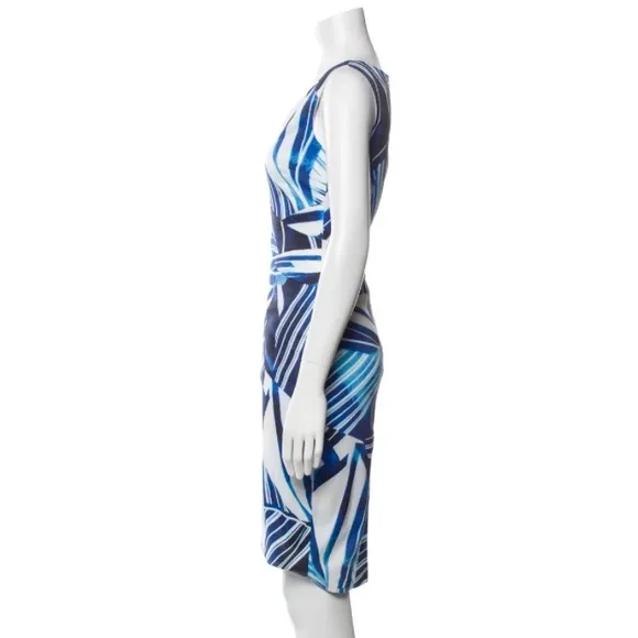 Karen Millen Blue and White Scarf Print Sheath Dress Sz 6