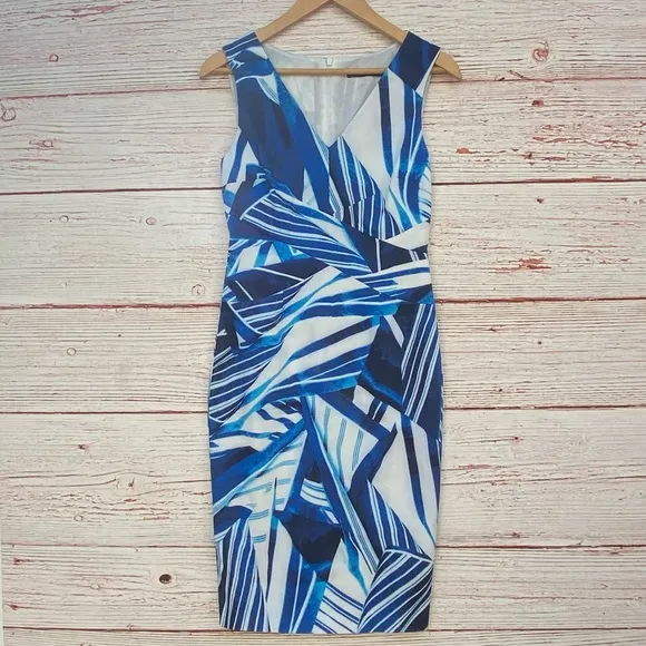 Karen Millen Blue and White Scarf Print Sheath Dress Sz 6