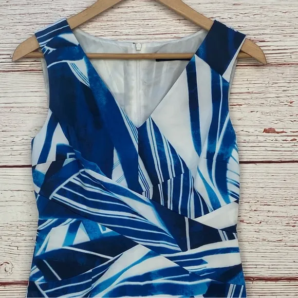 Karen Millen Blue and White Scarf Print Sheath Dress Sz 6