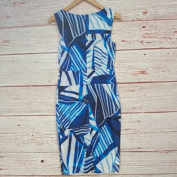 Karen Millen Blue and White Scarf Print Sheath Dress Sz 6