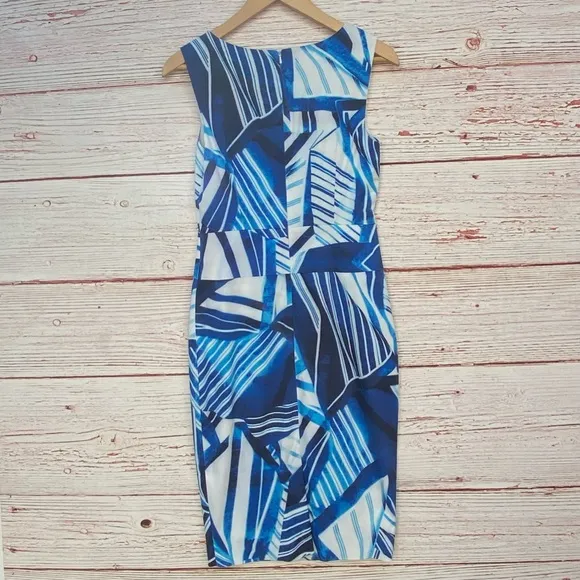 Karen Millen Blue and White Scarf Print Sheath Dress Sz 6