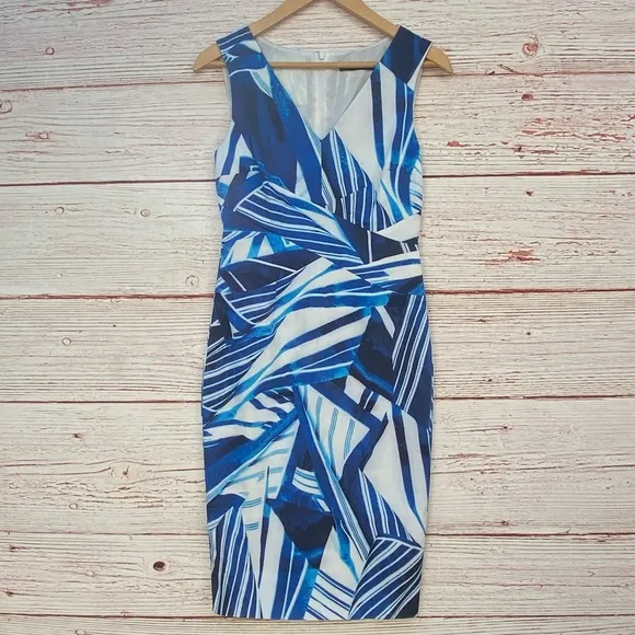 Karen Millen Blue and White Scarf Print Sheath Dress Sz 6