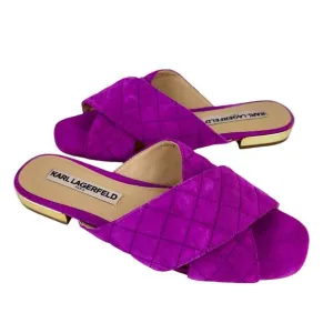 Karl Lagerfeld Rae Magenta Purple Suede Leather Quilted Open Toe Slide Sandals