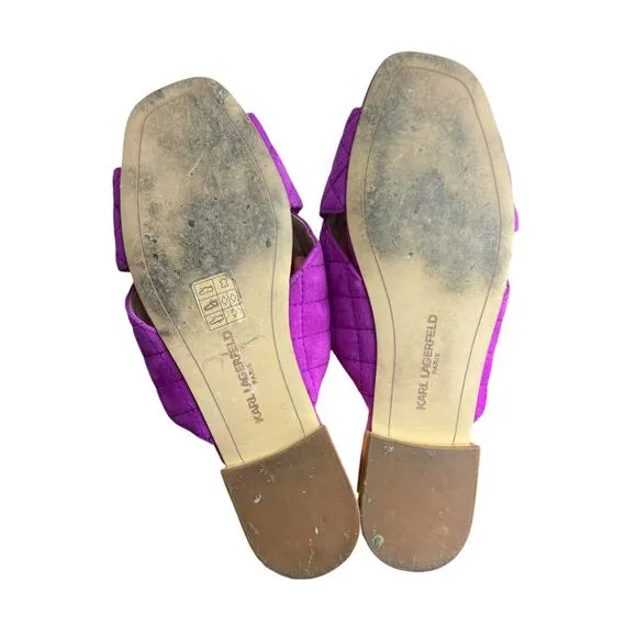 Karl Lagerfeld Rae Magenta Purple Suede Leather Quilted Open Toe Slide Sandals