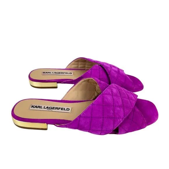 Karl Lagerfeld Rae Magenta Purple Suede Leather Quilted Open Toe Slide Sandals