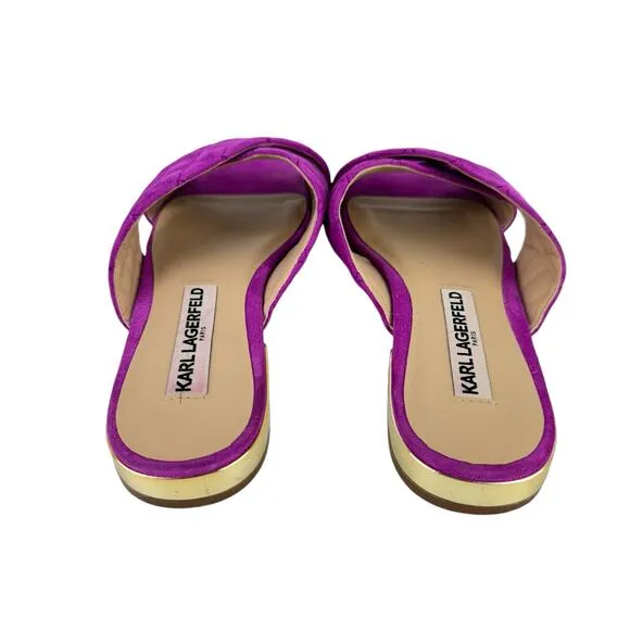 Karl Lagerfeld Rae Magenta Purple Suede Leather Quilted Open Toe Slide Sandals