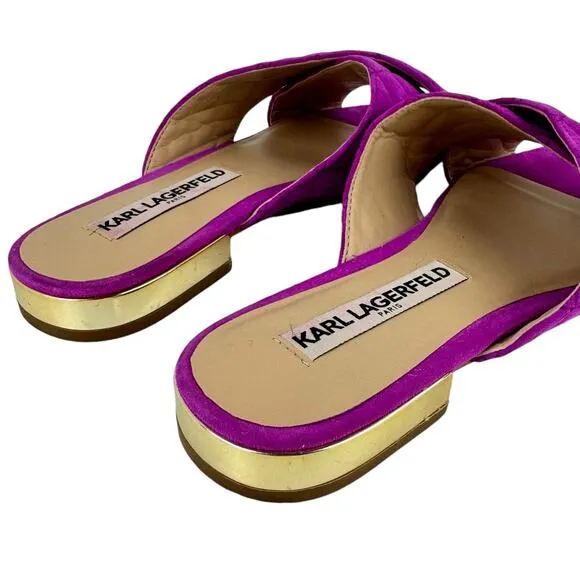 Karl Lagerfeld Rae Magenta Purple Suede Leather Quilted Open Toe Slide Sandals
