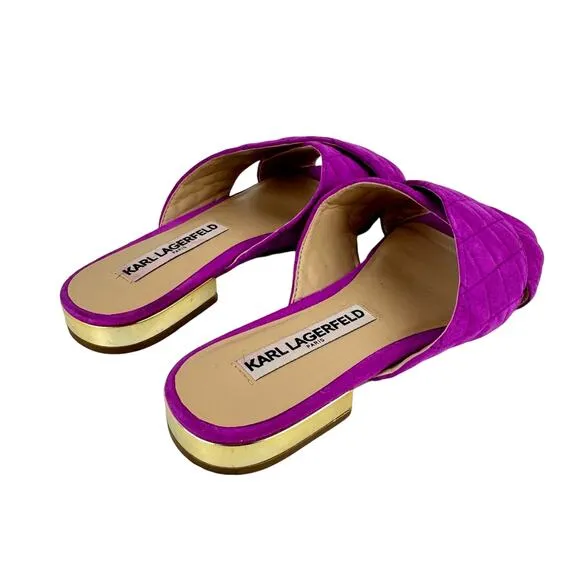 Karl Lagerfeld Rae Magenta Purple Suede Leather Quilted Open Toe Slide Sandals