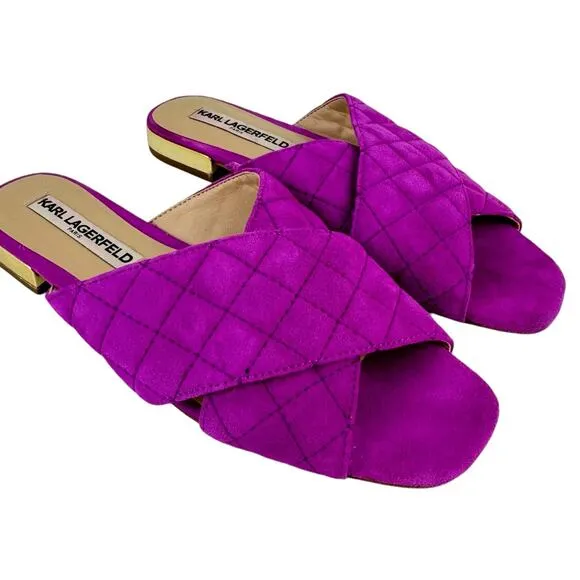 Karl Lagerfeld Rae Magenta Purple Suede Leather Quilted Open Toe Slide Sandals