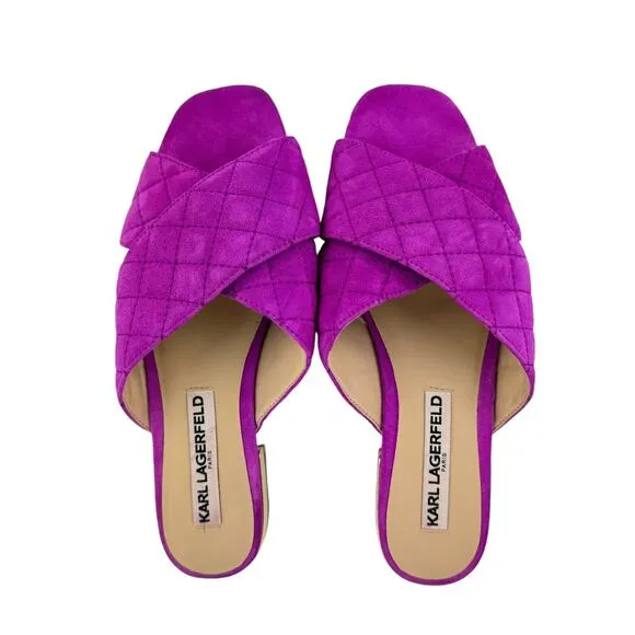 Karl Lagerfeld Rae Magenta Purple Suede Leather Quilted Open Toe Slide Sandals