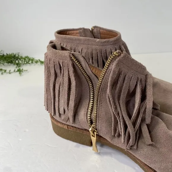 Kate Spade New York Fringe Ankle Boots Size 8.5 Taupe Tan Fringe Boho Bootie