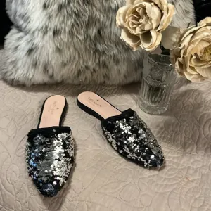 Kate Spade New York Metallic Two Way Black Silver Sequin Slip On Shoes “ Sz 8
