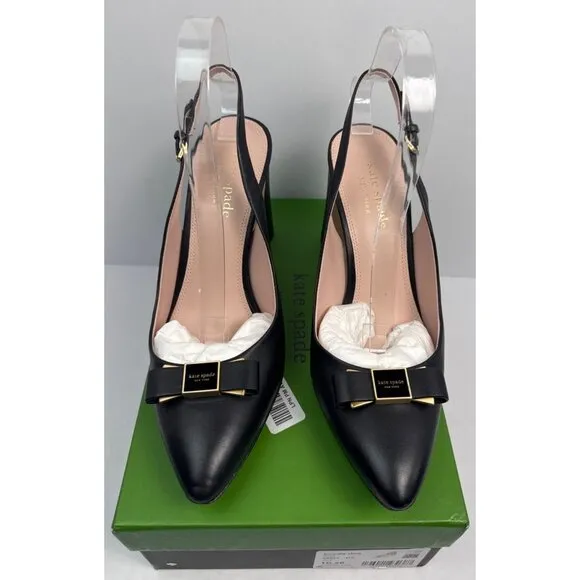 Kate Spade New York Women's Bowdie Sling Black Leather Heal Sling Size 10.5 B