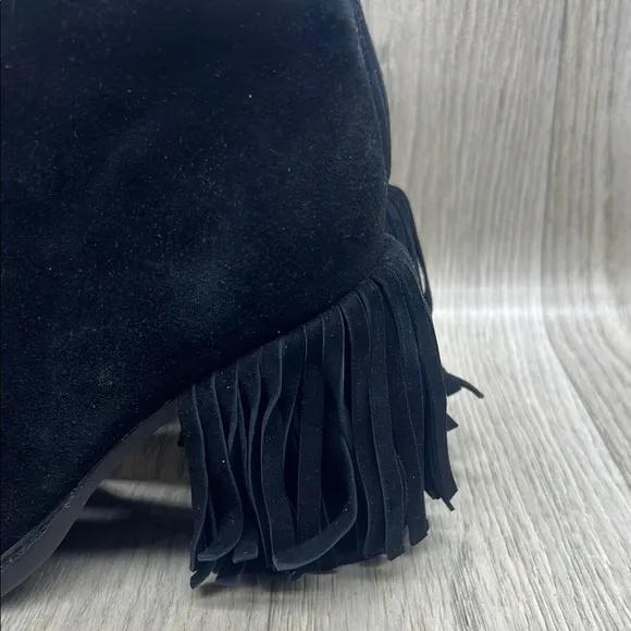 Kelsi Dagger Black Ankle Boots Fringe with Chunky Heel