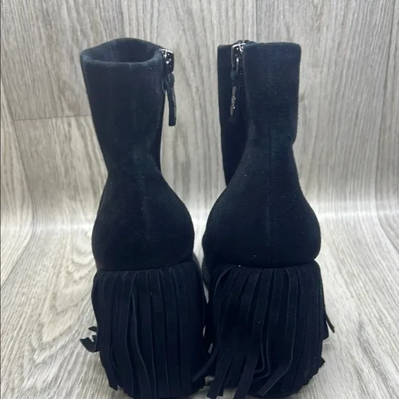 Kelsi Dagger Black Ankle Boots Fringe with Chunky Heel