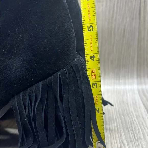 Kelsi Dagger Black Ankle Boots Fringe with Chunky Heel