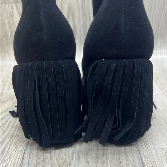 Kelsi Dagger Black Ankle Boots Fringe with Chunky Heel
