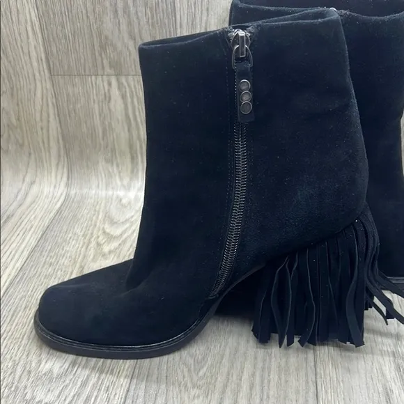 Kelsi Dagger Black Ankle Boots Fringe with Chunky Heel