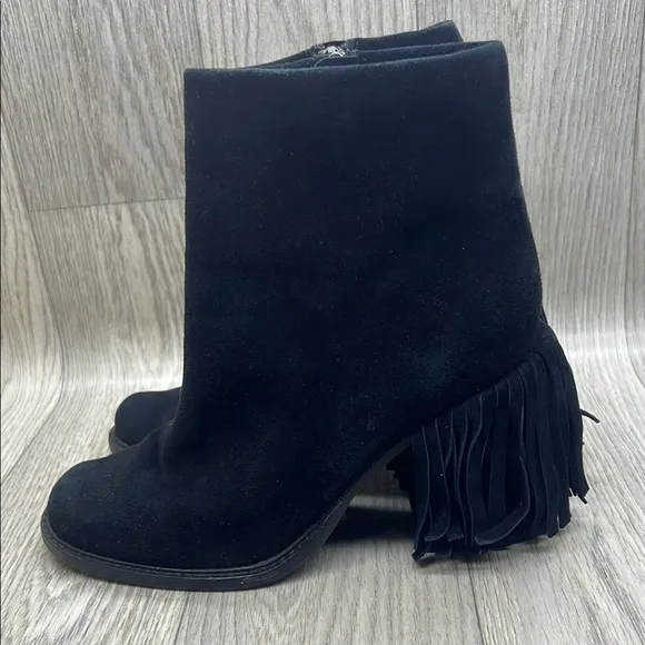 Kelsi Dagger Black Ankle Boots Fringe with Chunky Heel