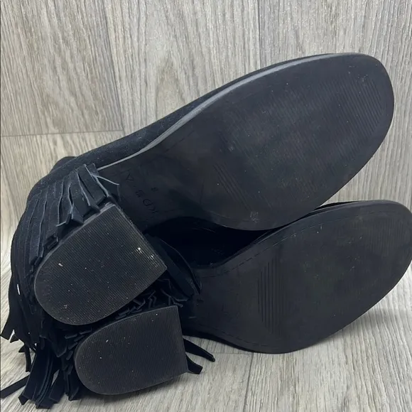 Kelsi Dagger Black Ankle Boots Fringe with Chunky Heel