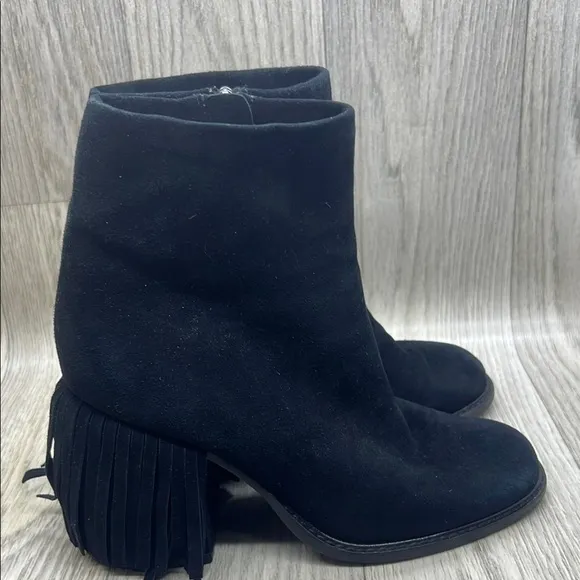 Kelsi Dagger Black Ankle Boots Fringe with Chunky Heel