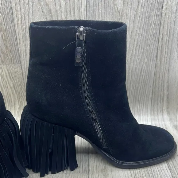 Kelsi Dagger Black Ankle Boots Fringe with Chunky Heel