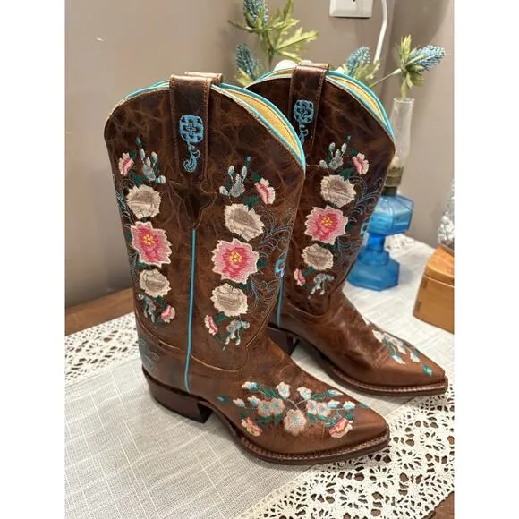 Kids Size 2 Floral Embroidered Western Cowgirl Boot by Macie Bean Boho NEW
