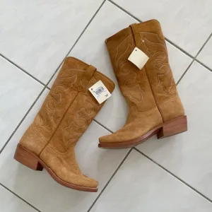 King Ranch Suede Heeled Cowboy Western Boho Rodeo Tan Boots