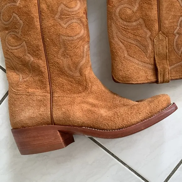 King Ranch Suede Heeled Cowboy Western Boho Rodeo Tan Boots