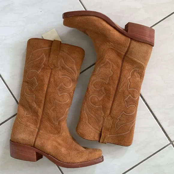 King Ranch Suede Heeled Cowboy Western Boho Rodeo Tan Boots