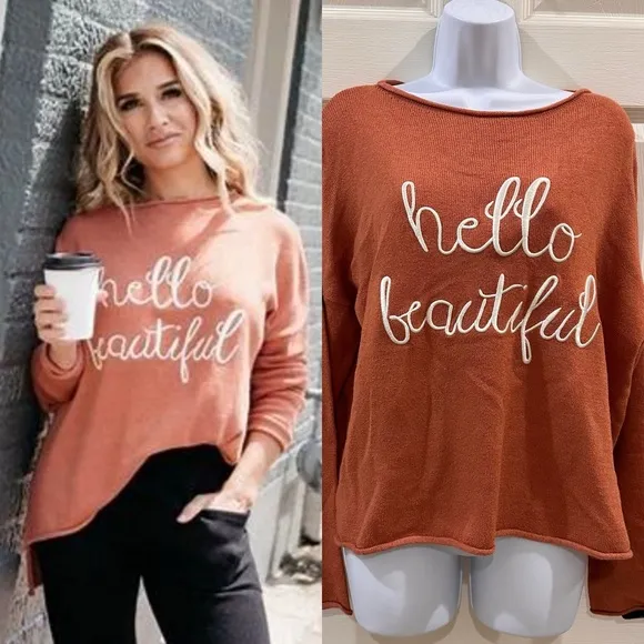 Kittenish “Hello Beautiful” Oversized Rust Orange Sweater