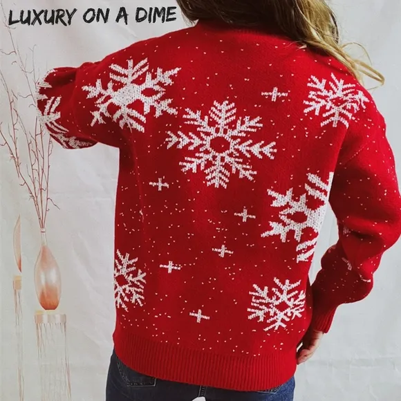 Knit Sweater Color Contrast Snowflake Round Neck Long Sleeve Minimalist Winter