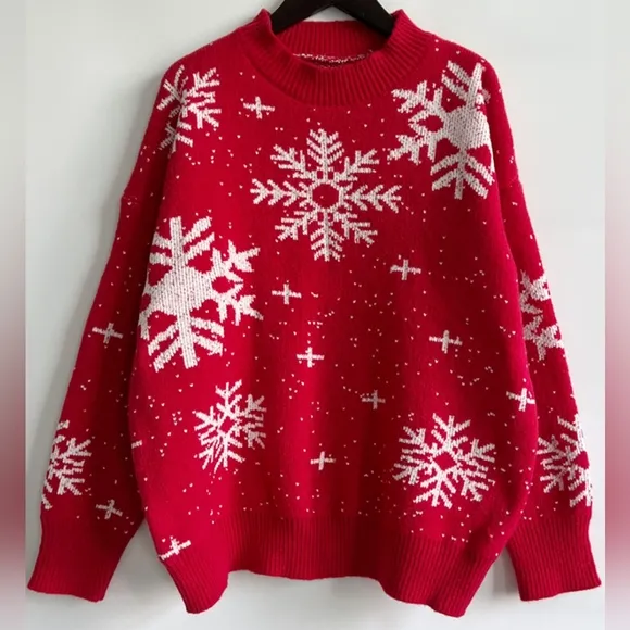 Knit Sweater Color Contrast Snowflake Round Neck Long Sleeve Minimalist Winter
