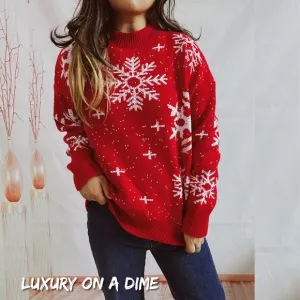 Knit Sweater Color Contrast Snowflake Round Neck Long Sleeve Minimalist Winter