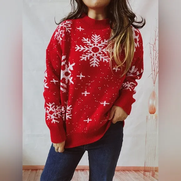Knit Sweater Color Contrast Snowflake Round Neck Long Sleeve Minimalist Winter
