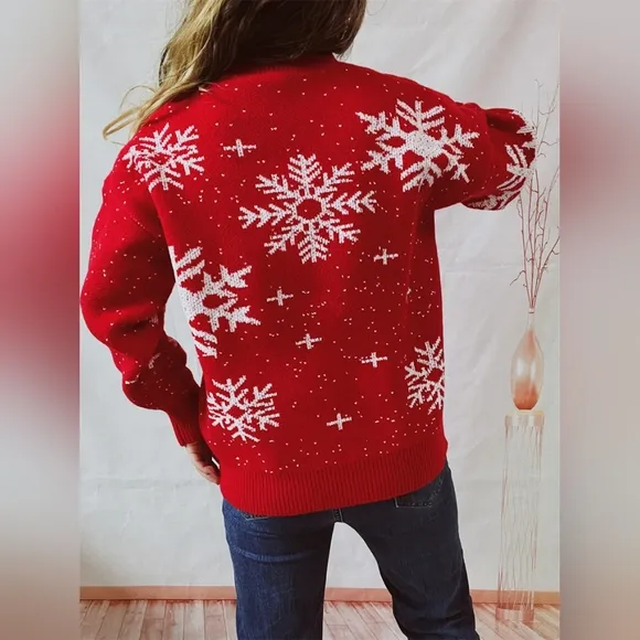 Knit Sweater Color Contrast Snowflake Round Neck Long Sleeve Minimalist Winter