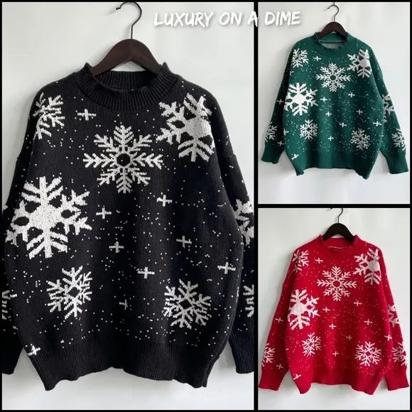 Knit Sweater Color Contrast Snowflake Round Neck Long Sleeve Minimalist Winter