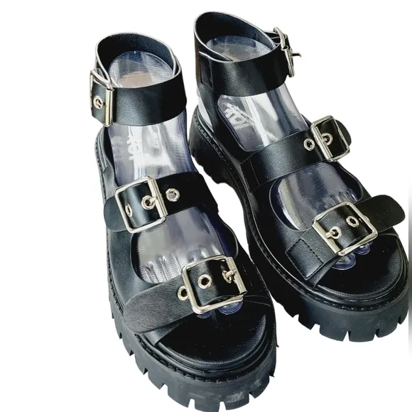 KOI Hot Topic Chunky Platform Sandals Black Buckle 90's Grunge Gothic Size 9 NEW
