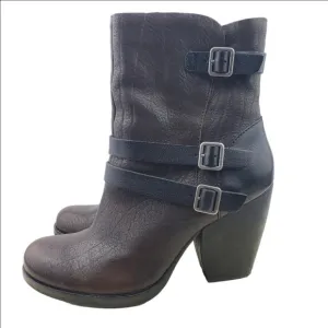 KORK EASE Anki Boots Size 8M Brown Leather Strappy Buckle Heeled Moto Western