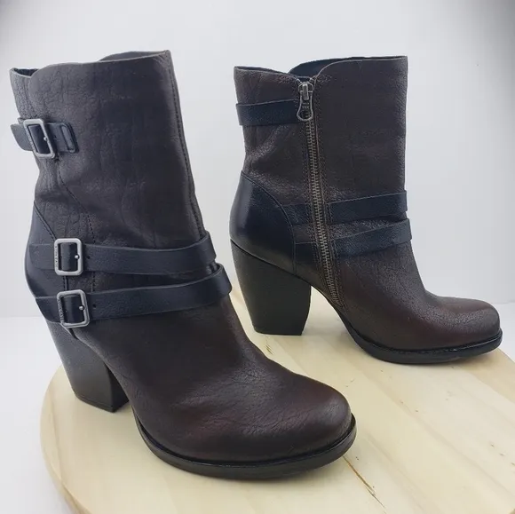 KORK EASE Anki Boots Size 8M Brown Leather Strappy Buckle Heeled Moto Western