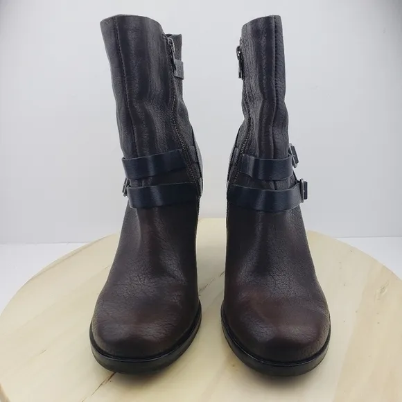 KORK EASE Anki Boots Size 8M Brown Leather Strappy Buckle Heeled Moto Western