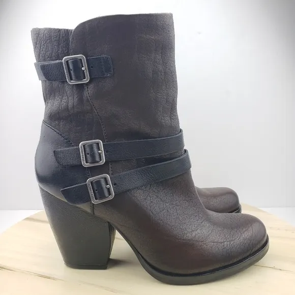 KORK EASE Anki Boots Size 8M Brown Leather Strappy Buckle Heeled Moto Western