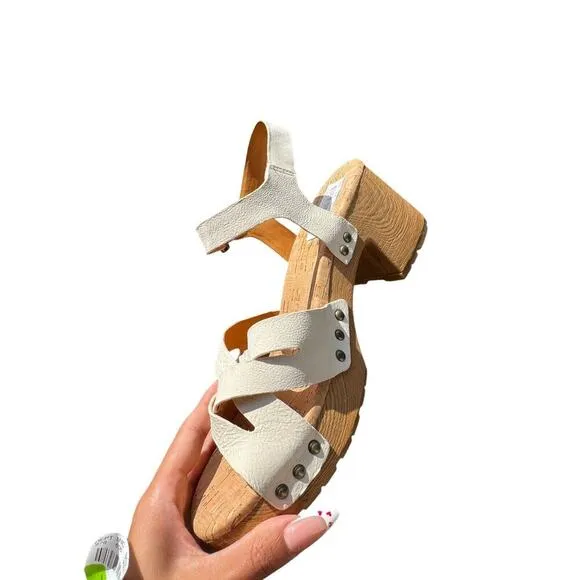 Kork-Ease CREAM Leather Strappy Wooden Clog Sandals 9M Boho Retro Chunky Heel